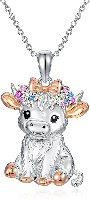 Highland Cow Gifts for Women 925 Sterling Silver Highland Cow Birthstone Necklace Fluffy Cow Jewelry Gifts Birthday Christmas
