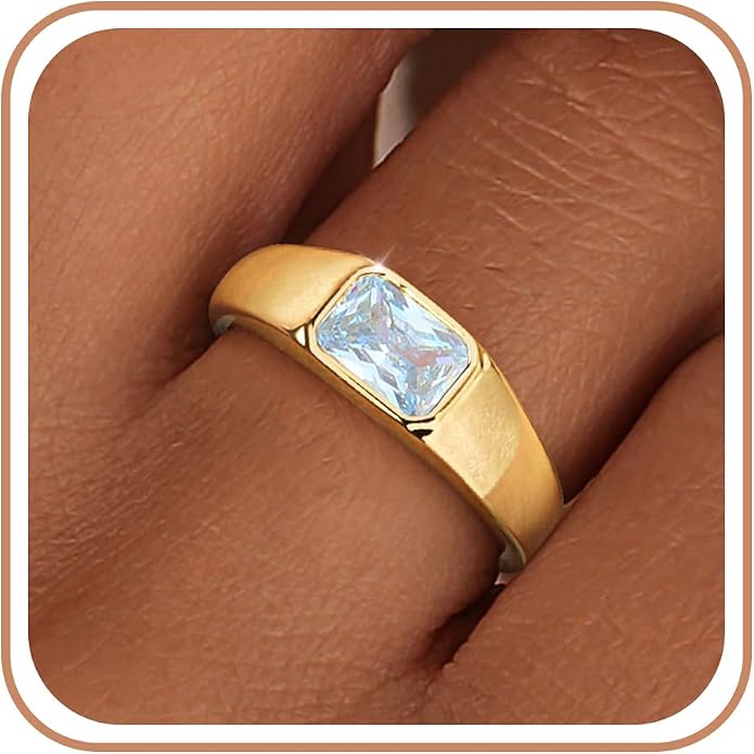 Birthstone Gold Rings for Women Non Tarnish 14K Gold Plated Chunky Emerald Rings Thumb Signet Statement Dainty CZ Band Ring Unique Waterproof Cute Jewelry Gift for Birthday Size 6-10