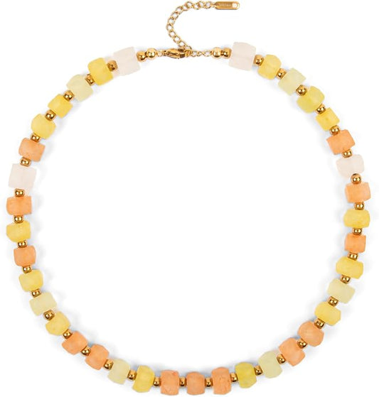 Chunky Frosted Sea Glass Beaded Necklace for Women - Handmade Recycled Glass, 18K Gold Plated or Silver Toned Stainless Steel, Adjustable 16-18 inch Boho Statement Necklace