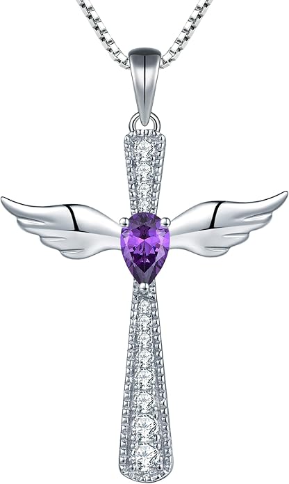 YL Cross Necklace 925 Sterling Silver Angel Wings Pendant Teardrop Birthstone Criss Jewelry for Women