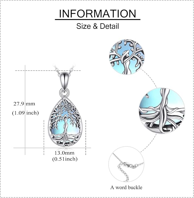 ONEFINITY Tree of Life Urn Necklace for Ashes Sterling Silver Moonstone Black Onyx Mass Agate Cremation Necklace for Ashes Keepsake Memory Jewelry for Women