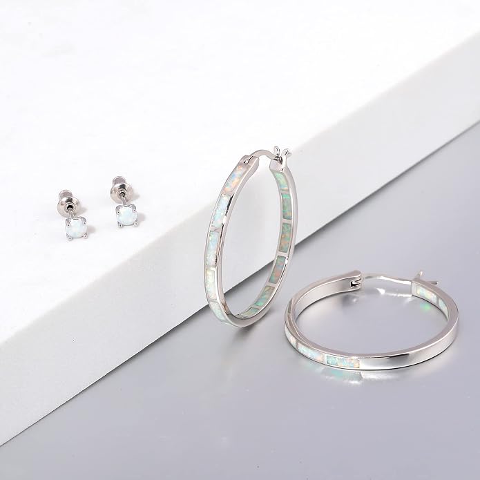 CiNily Opal Hoop Earrings,Women Jewelry Rhodium Plated/Rose Gold or Yellow Gold Plated Gemstone Big Hoop Earrings 32mm