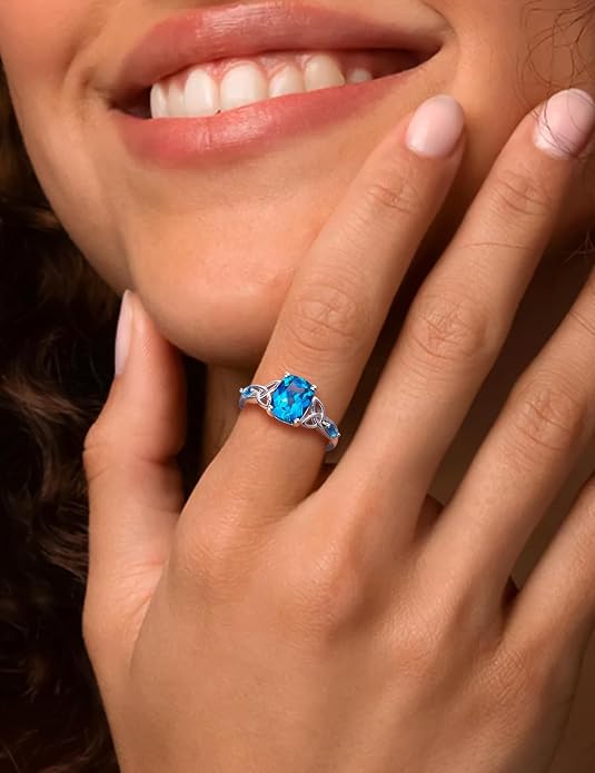 925 Sterling Silver Birthstone Rings for Women Cushion Cut Engagement Celtic Knot Ring Irish Jewelry Created Gemstone Anniversary Rings Size 6-10(with Box)