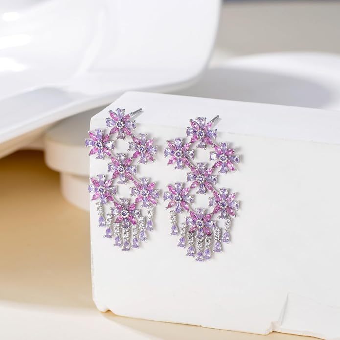 925 Sterling Silver Colorful Chandelier Teardrop Dangle Earrings Statement Flower Stud Earrings for Women Party Prom