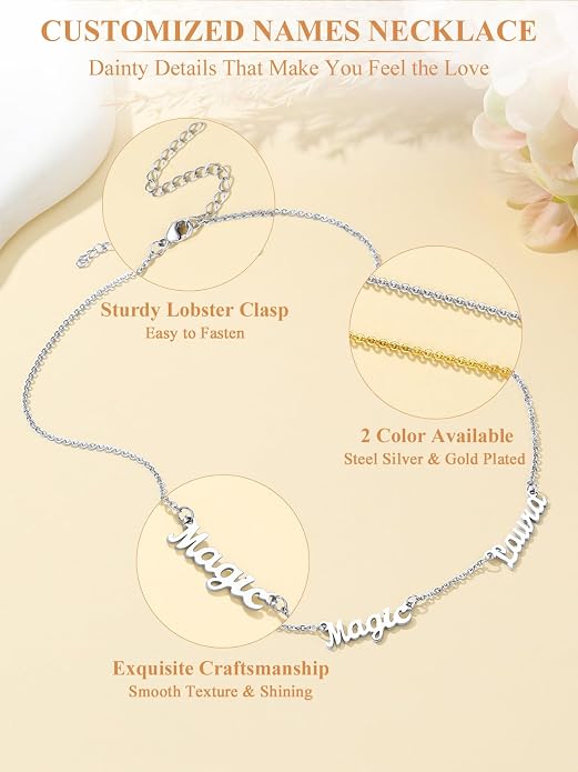 Custom4U Custom Name Necklace for Women, Personalized 1-5 Name Necklace, Sterling Silver/Stainless Steel 14K Gold Plated Nameplate Necklaces, Gift for Mom Wife Anniversary Birthday with Box