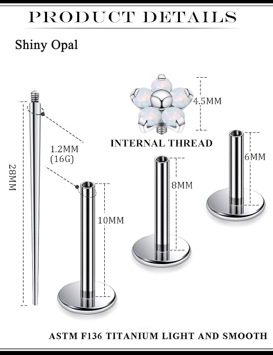 16G Astm F136 Titanium Internal Thread Flat Back Earrings Nose Studs Tragus Forward Helix Conch Cartilage Lobe Earrings Stud Medusa Labret Monroe Lip Ring Piercing Jewelry For Women Men