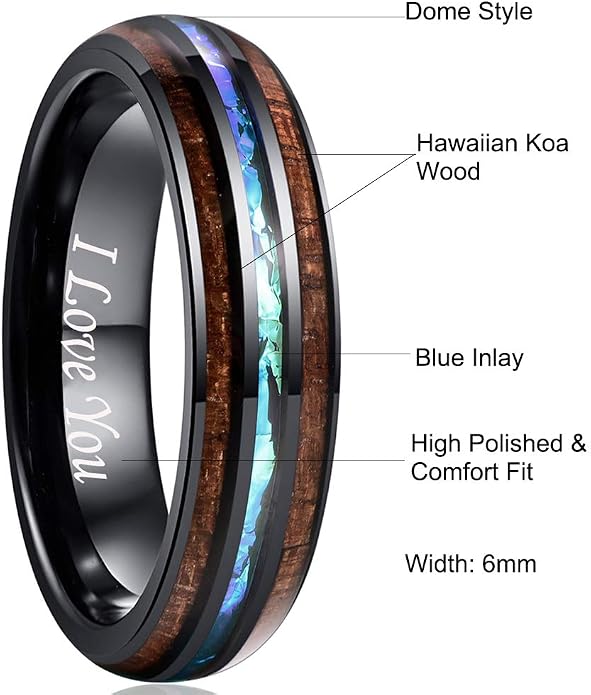 Vakki 6mm/8mm Tungsten Rings for Men Hawaiian Koa Wood Inlay Dome Abalone Shell/Blue Center Wedding Bands Comfort Fit Size 4 to 17