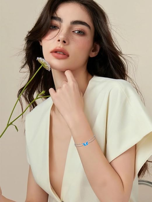 Dragonfly/Evil Eye/Hamsa Evil Eye/Lotus/Mushroom Anklet Bracelets for Women Sterling Silver Adjustable Double Layered Bracelet Anklet Mother's Day Jewelry Gifts Beach Jewelry
