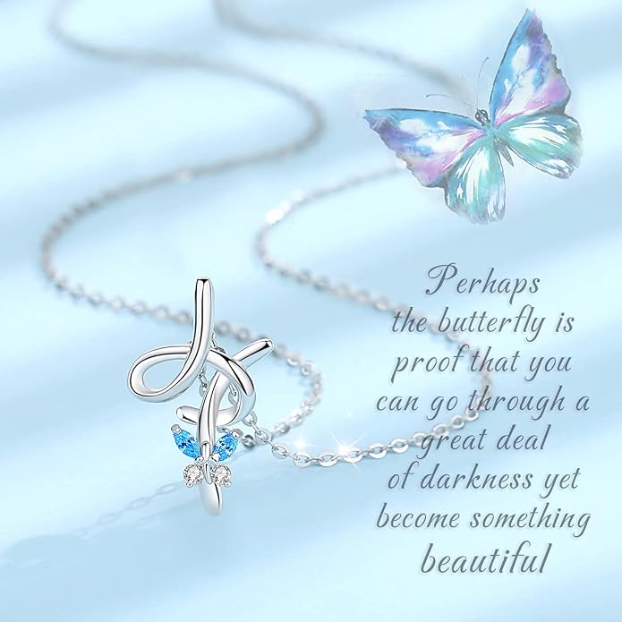 EUDORA Sterling Silver Butterfly Initial Necklaces for Women, Elegant Letter Neckles Personalized Gift for Mother, Sister, Daughter, 18 inch Chai