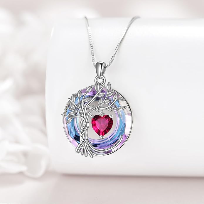 POPLYKE Mothers Day Gifts for Mom Her Wife Tree of Life Necklace 925 Sterling Silver Birthstone Pendant with Crystal Anniversary Birthday Wedding Jewelry for Women