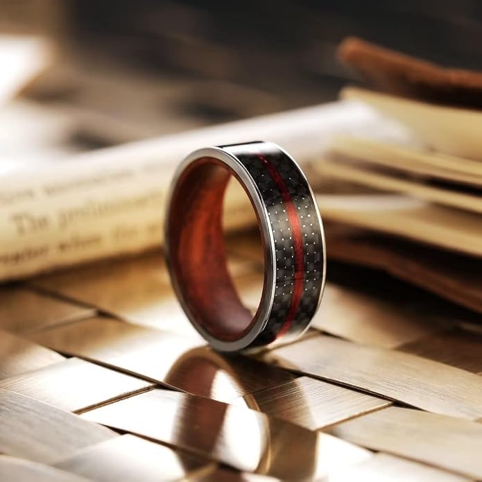 King Will 6/8mm Wedding Band for Men, Silver/Black Hammered Titanium Wedding Ring Inlaid Wood Inner Hole, Wedding Band for Men Matte Brushed Comfort Fit 7-14