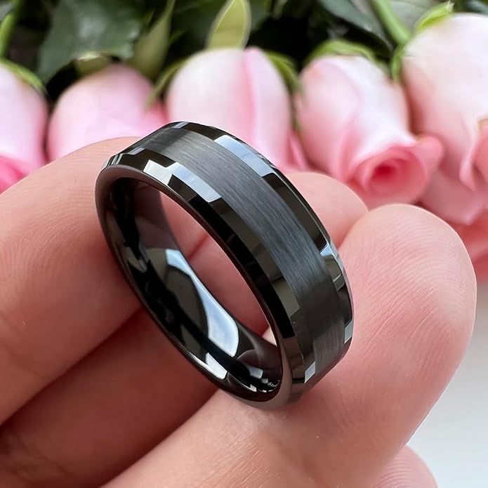 TUTISS 6mm 8mm Silver/Black/Gunmetal/Gold Tungsten Rings for Men Women Fashion Jewelry Engagement Wedding Bands Matte Polished Shiny Beveled Edges Comfort Fit