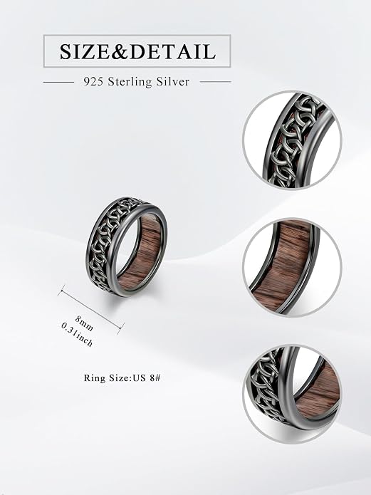 Wooden Celtic/Cross Ring 925 Sterling Silver Wedding Band Wood Mens Rings Engagement Ring Jewelry Gift for Men Women Size 8-14