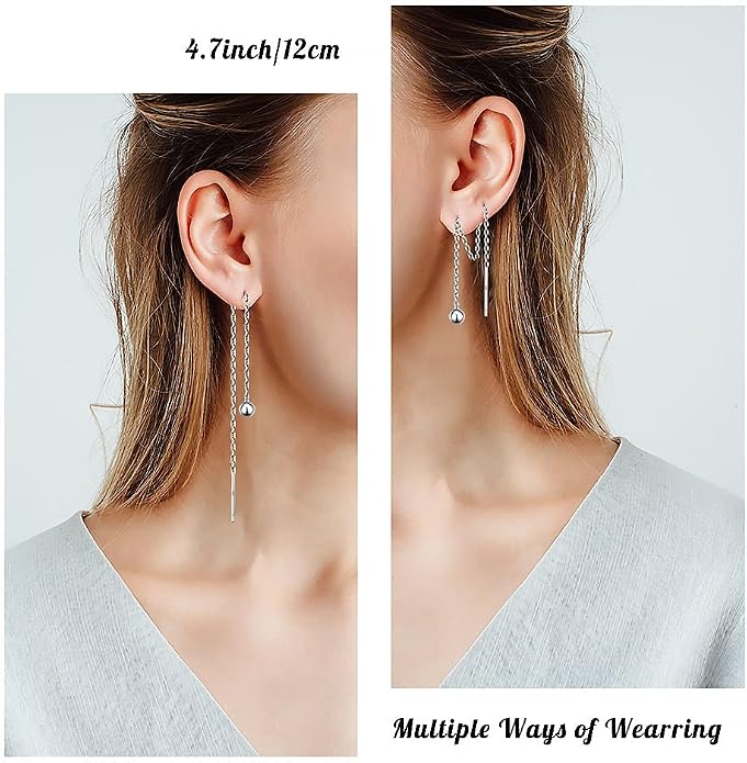 3 Pairs Threader Earrings 925 Sterling Silver Long Chain Earrings Bar/Ball Wrap Threader Drop Earrings for Women Lightweight Minimalist Mother's Day Jewelry Set
