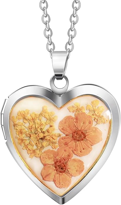 Handmade Heart Shaped Dried Pressed Forget Me Not Flower Photo Locket Pendant Necklace