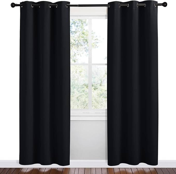 NICETOWN Bathroom Blackout Thermal Curtains and Drapes, 2 Panels, 42 inches Wide by 78 inches Long, Black, Solid Thermal Insulated Grommet Blackout Drapery Panels for Window
