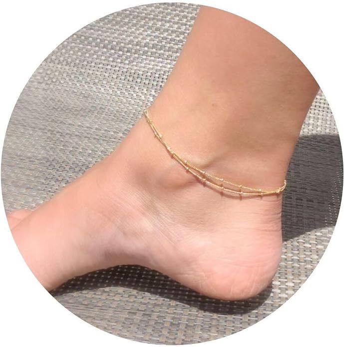 Dainty Gold Double Layer Disc Anklet for Women, 14K Gold Plated Sequin Chain Foot Bracelet, 8.5"+2" Adjustable Delicate Stackable Ankle Bracelet, Minimalist Summer Beach Jewelry Gift for Her
