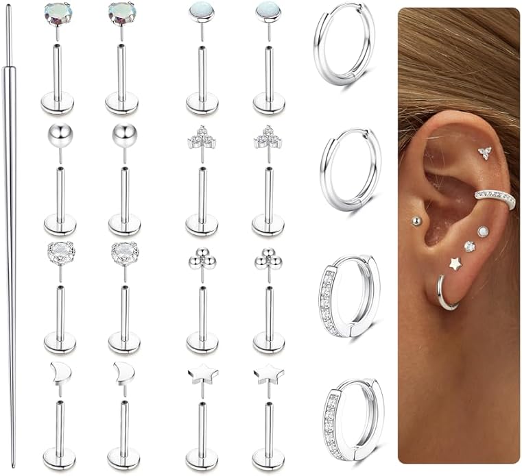 Sanfenly Threadless Flat Back Earrings Studs 316L Surgical Steel Cartilage Earrings for Women Men Push in Nose Rings Studs 20G 18G 16G CZ Opal Tragus Helix Conch Lip Labret Medusa Nostril Piercing Jewelry Hypoallergenic
