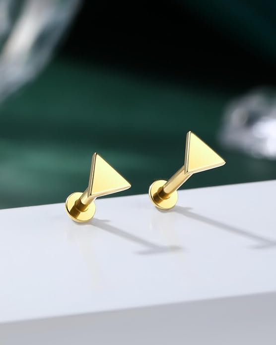 COCHARM 14K Real Gold Helix Tragus Cartilage Piercing Jewelry-Titanium Post-Threadless Tragus Conch Cartilage Earring Stud Flat Back 16g Labret Stud 6mm, 8mm Push Pin Triangle Medusa Jewelry