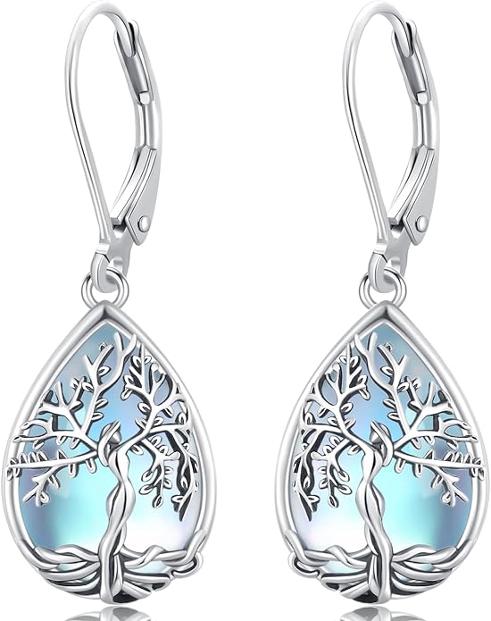 Odinstone 925 Sterling Silver Earrings Tree of Life Teardrop Moonstone Dangle Drop Leverback Earrings for Women