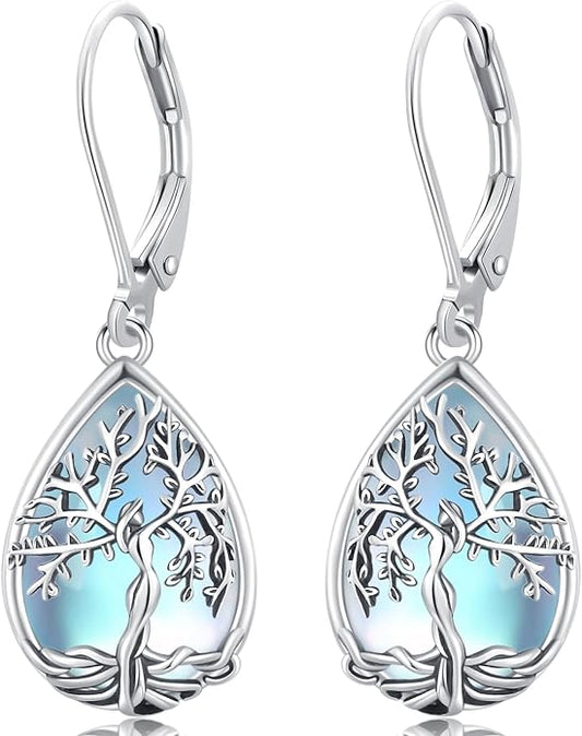 Odinstone 925 Sterling Silver Earrings Tree of Life Teardrop Moonstone Dangle Drop Leverback Earrings for Women