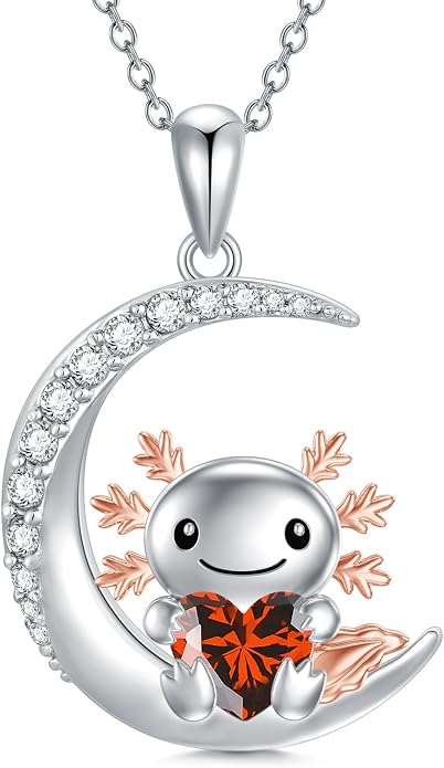 PROESS Animal Birthstone Necklace 925 Sterling Silver Otter/Axolotl/Hippo/Elephant/Dachshund/Monkey/Red Panda Pendant Necklace Animal Birthstone Jewelry Gifts for Women
