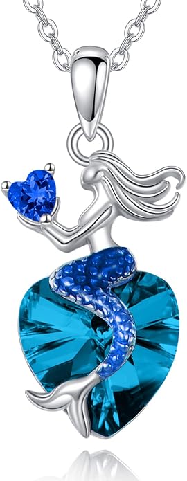Mermaid Birthstone Necklace for Women 925 Sterling Silver Jewelry Austrian Crystal Pendant Christmas Gifts for Her