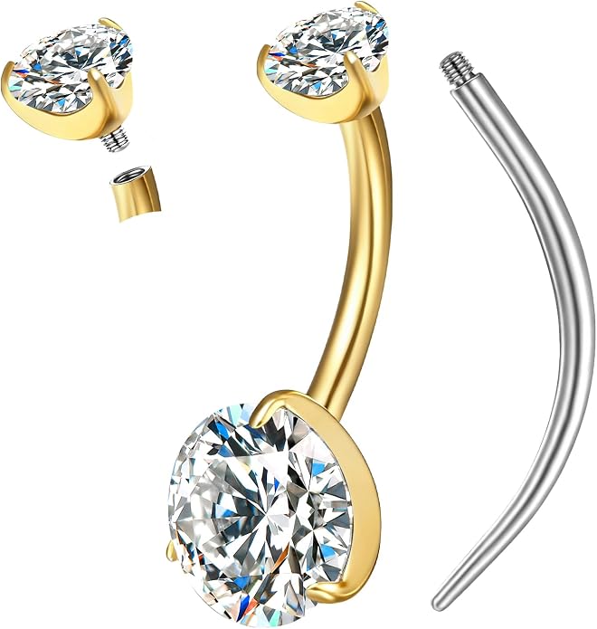 VOJO Moissanite Belly Button Ring, Titanium Navel Piercing Bar with Internally Threaded Barbell for Women