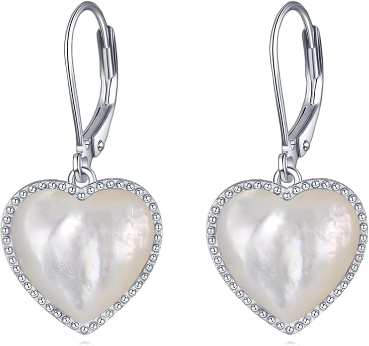 Mother of Pearl/Black Onyx/Abalone Shell Heart Leverback Dangle Earrings Sterling Silver Fashion Jewelry Gifts for Women