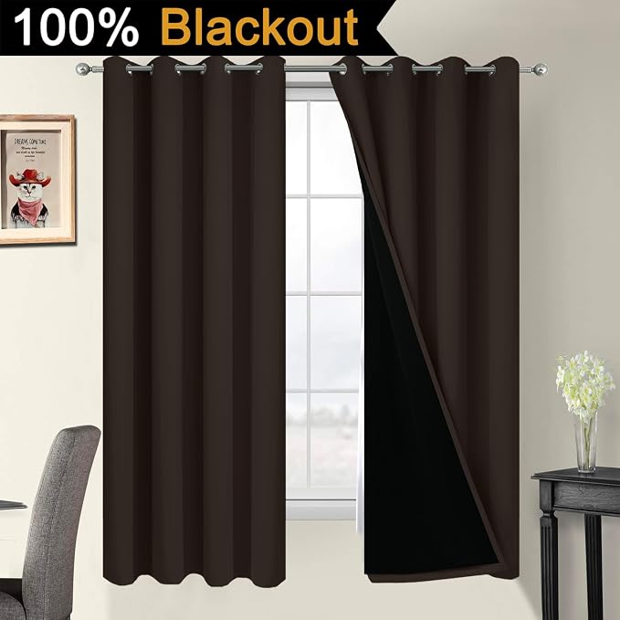 Yakamok Chocolate 100% Blackout Curtains 63 Inches Long 52" Wide 2 Panels | Blackout Curtain Panels for Bedroom, 2 Thick Layers Grommet Top Thermal Insulated Drapes with Black Liner for Living Room