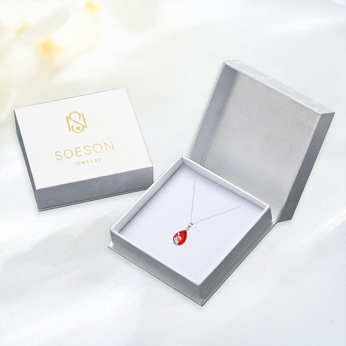 925 Sterling Silver Birth Flower Necklace with Teardrop Shaped Birthstone - 12 Colors, 12 Kinds of Flower - Ideal Birthday Jewelry Gift for Women, Mothers, Daughters & Wives