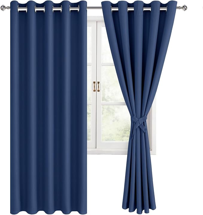 Hiasan Blackout Curtains for Bedroom, 60 x 63 Inches Length - Thermal Insulated & Energy Saving Window Curtains for Living Room, 2 Drape Panels Sewn with Tiebacks, Navy