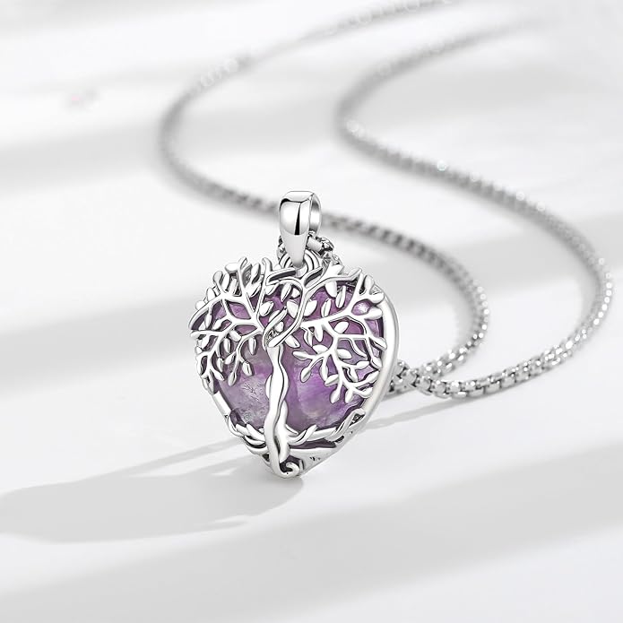Vito Tree of Life Necklace for Women Men, Silver Plated Copper Teardrop Moonstone/Obsidian/Turquoise/Amethyst/Malachite Crystal Tree Necklace Protection Energy Amulet Jewelry Gift for Mom Wife, 20+2"