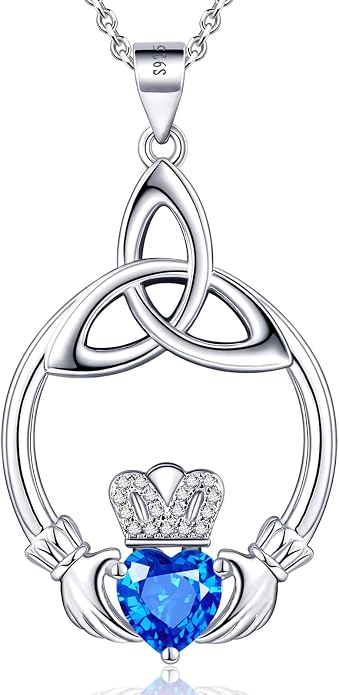 Gift Birthstone Necklaces for Women 925 Sterling Silver Irish Claddagh Necklace for Women Heart Birthstone Pendant Necklace Anniversary Birthday Gifts for Wife Lady Cable Chain 18"+2"