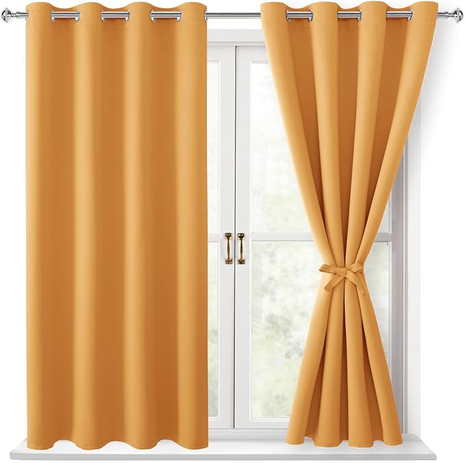 Hiasan Blackout Curtains for Bedroom - Thermal Insulated & Light Blocking Window Curtains for Living Room/Kids Room, 2 Drape Panels Sewn with Tiebacks, Pumpkin Orange, 52 x 45 Inch