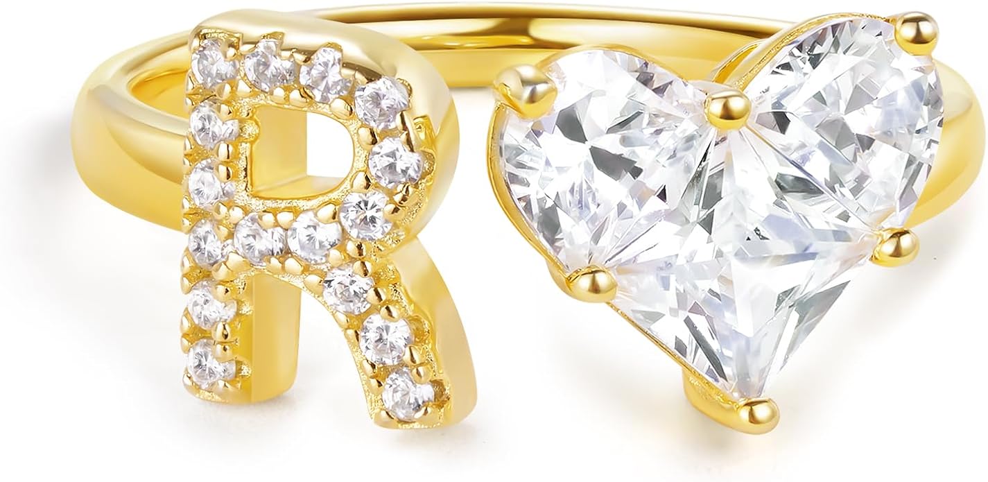 KissYan Sterling Silver Initial Heart Ring for Women, S925 Letter Rings 14K Gold Plated Open Adjustable Dainty Pave CZ Personalized Fashion Trendy Gifts for Mother's Day