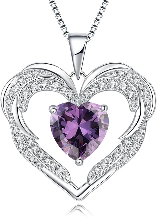 Heart Necklaces for Women Mother's day Gifts, Birthstone 925 Sterling Silver Angel Wings Love Pendant Necklaces for Women, Jewelry Gifts for Wife, Anniversary, Birthday