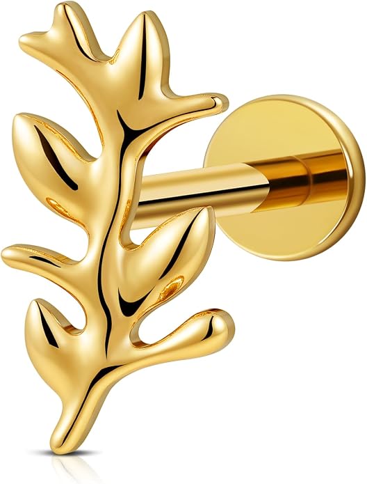 FINE4U 1PC Leaf Flat Back Stud Flat, Helix, Conch, Tragus 6mm 8mm - ASTM F136 Titanium Screw on Body Piercing Jewelry