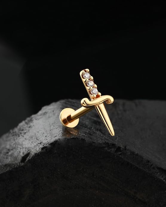 Jewseen 9K Real Solid Gold Flat Back Stud Earring 16G 8mm Internally Threaded Fine Piercing Jewelry for Helix Tragus Lobe Lip