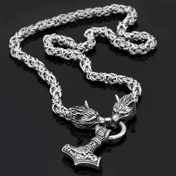 Viking Wolf Head Thor’s Hammer Pendant Necklace – Stainless Steel Norse Amulet Jewelry for Men, Nickel-Free, Gift Box Included