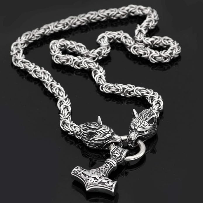 Viking Wolf Head Thor’s Hammer Pendant Necklace – Stainless Steel Norse Amulet Jewelry for Men, Nickel-Free, Gift Box Included