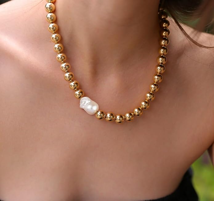 Natural Freshwater Baroque Pearl Necklace 14K Gold Plated Dainty Choker Necklace for Women Girls Snake Chain/Cuban Link/Paperclip/Ball Beaded Chain/Tennis Chain Fashion Jewelry for Gift