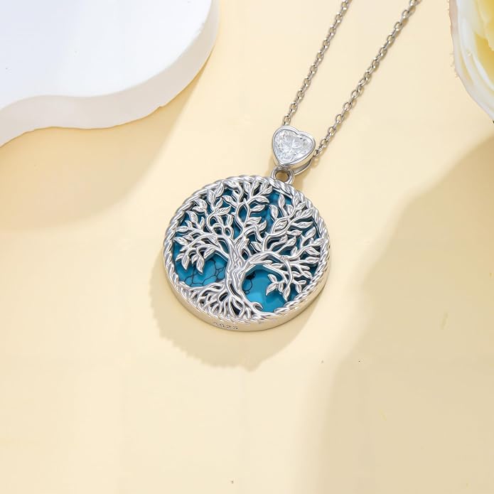 Tree of Life Moissanite Necklace, 925 Sterling Silver 0.5 Carat Moissanite Abalone Shell/Opal/Black Onyx/Turquoise/Malachite/Tiger Eye Stone Tree of Life Pendant Necklaces Jewelry Gift for Women Mom