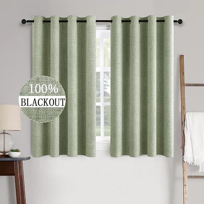 MIULEE Linen Texture Curtains for Bedroom Solid 100% Blackout Thermal Insulated Sage Green Curtains Grommet Room Darkening Drapes for Living Room 52x45 Inch (2 Panels)
