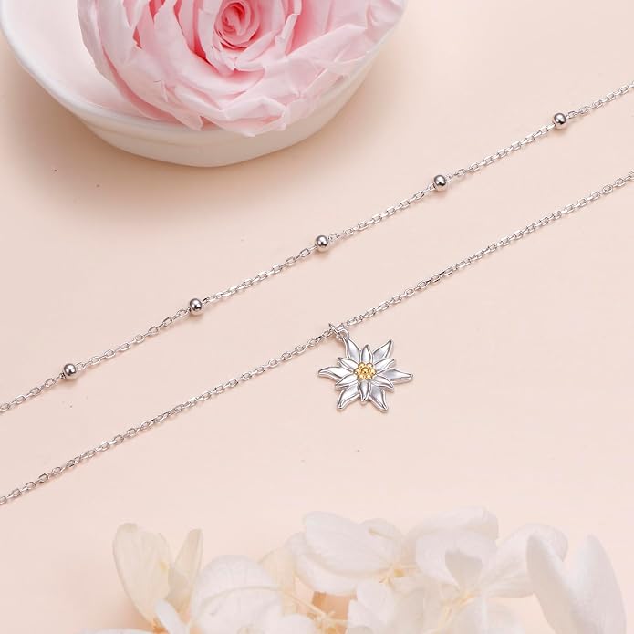 FLYOW Layered Choker Necklace S925 Sterling Silver Star Full Moon Daisy Flower Pendant Disc Jewelry Adjustable Clavicle Necklaces for Women Girls Birthday Gifts
