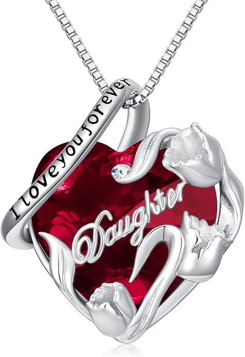 PROESS S925 Sterling Silver Daughter Heart Pendant Necklace from Dad Mom I Love You Forever Jewelry