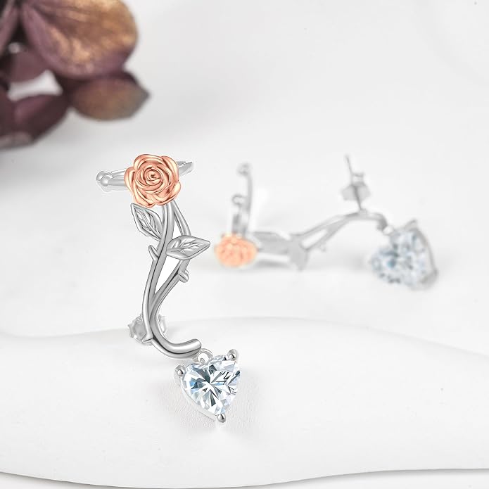 Ear Climbers Earrings for Women Sterling Silver Rose Flower Ear Crawler Earrings Rose Wedding Jewelry for Bride Bridesmaid Mother