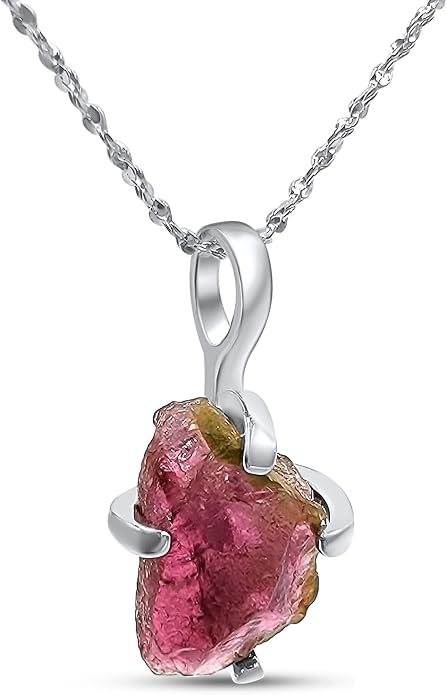 Natural raw gemstone pendant chain necklace with white gold over 925 solid sterling silver, birthstone dainty solitaire gift for her, uniquelan jewelry
