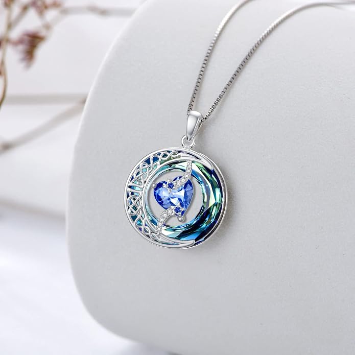 TOUPOP Birthstone Necklace 925 Sterling Silver Moon and Star Pendant Celtic Moon Jewelry with Blue Crystal Anniversary Birthday Gifts for Women Mom Wife Her