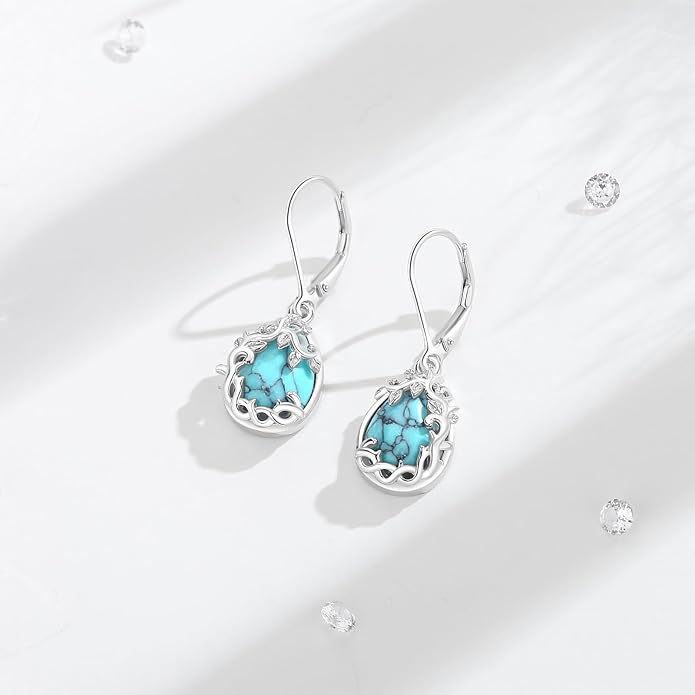 Vito 925 Sterling Silver Teardrop Earrings for Women, Moonstone Turquoise Drop Dangle Earrings Cat Snake Turtle Tree of Life Leverback Earrings Boho Jewelry Gift for Mom Wife